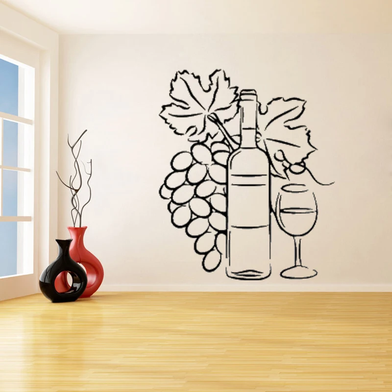Wine Bottle With Grapes Wall Stickers for Cafe Kitchen Vinyl Removable
