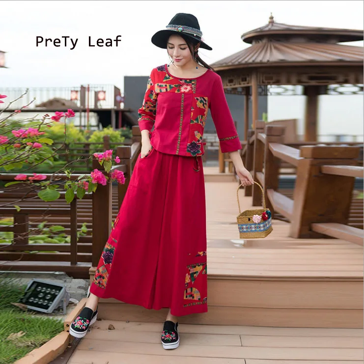 2018 national wind cotton and linen stitching large size women's wide