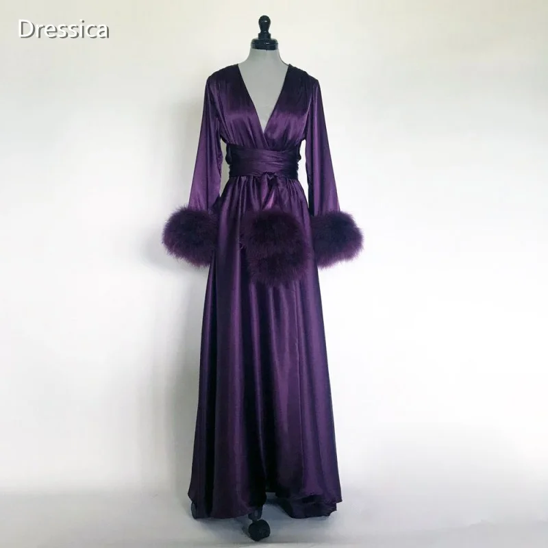 

Satin Feather Robe Night Gown with Belt Hollywood Robe Vintage Outfit Birthday Party Dress