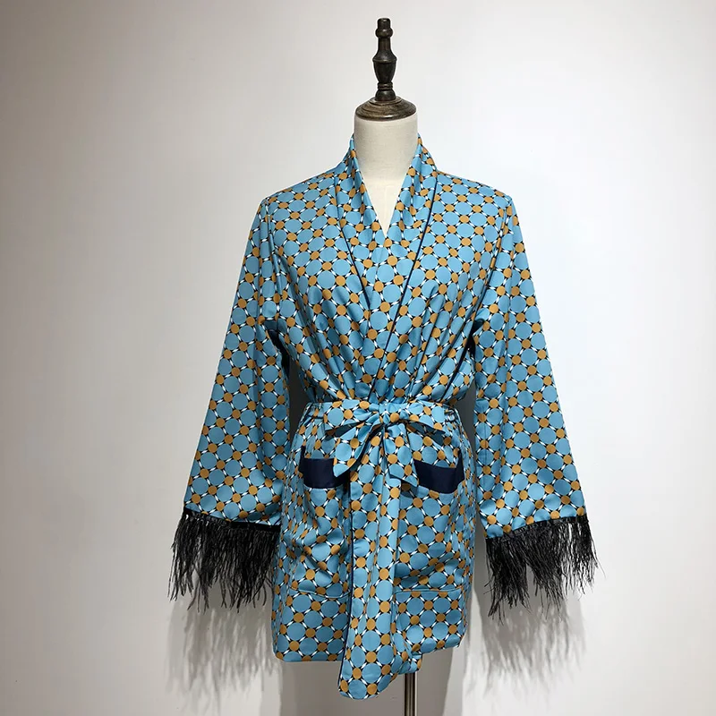 

Spring 2019 New Geometric Stamp Stripe Long Sleeves Ribbon Medium-length and Dress-style Overcoat Women's Dress