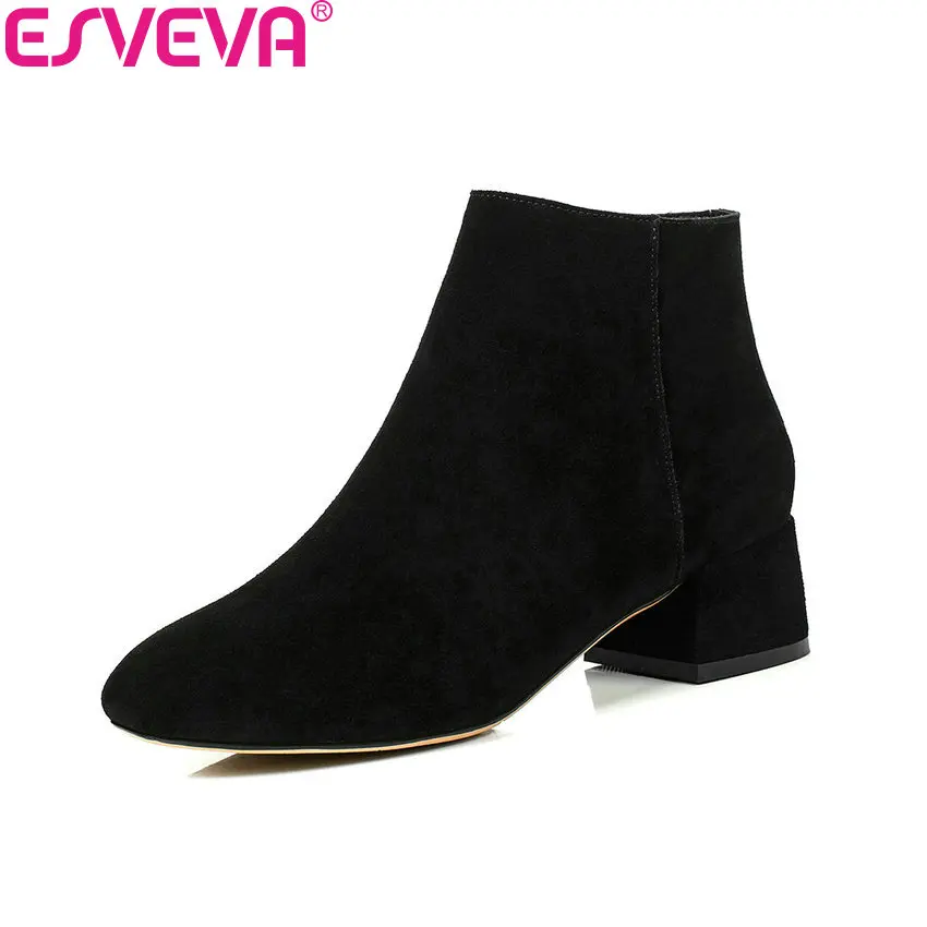 

ESVEVA 2018 Boots Sweet Style Square Toe Elegant Square Med Heels Women Boots Chunky Black Ankle Boots Ladies Shoes Size 34-43