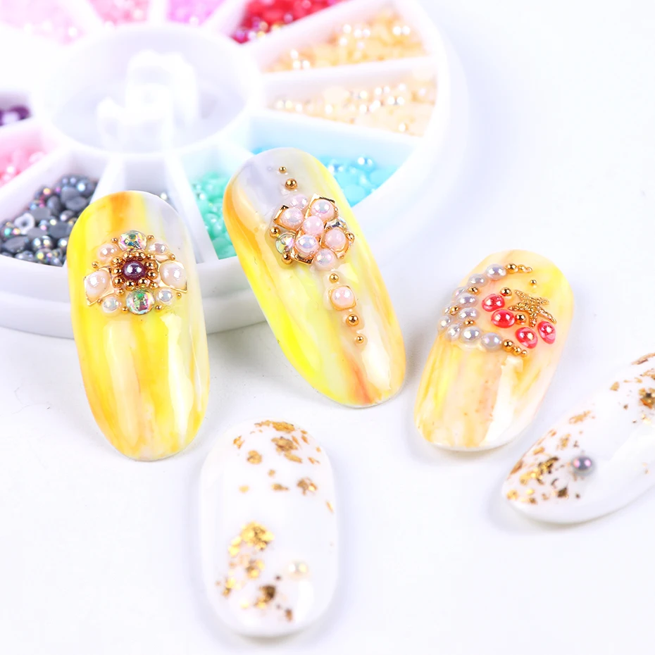 1 Wheel 2mm Colorful Pearls Rhinestones 3D Half Round Glitter Nail Art Decoration Beads Flatback Gems Jewelry DIY Manicure LA969 (8)