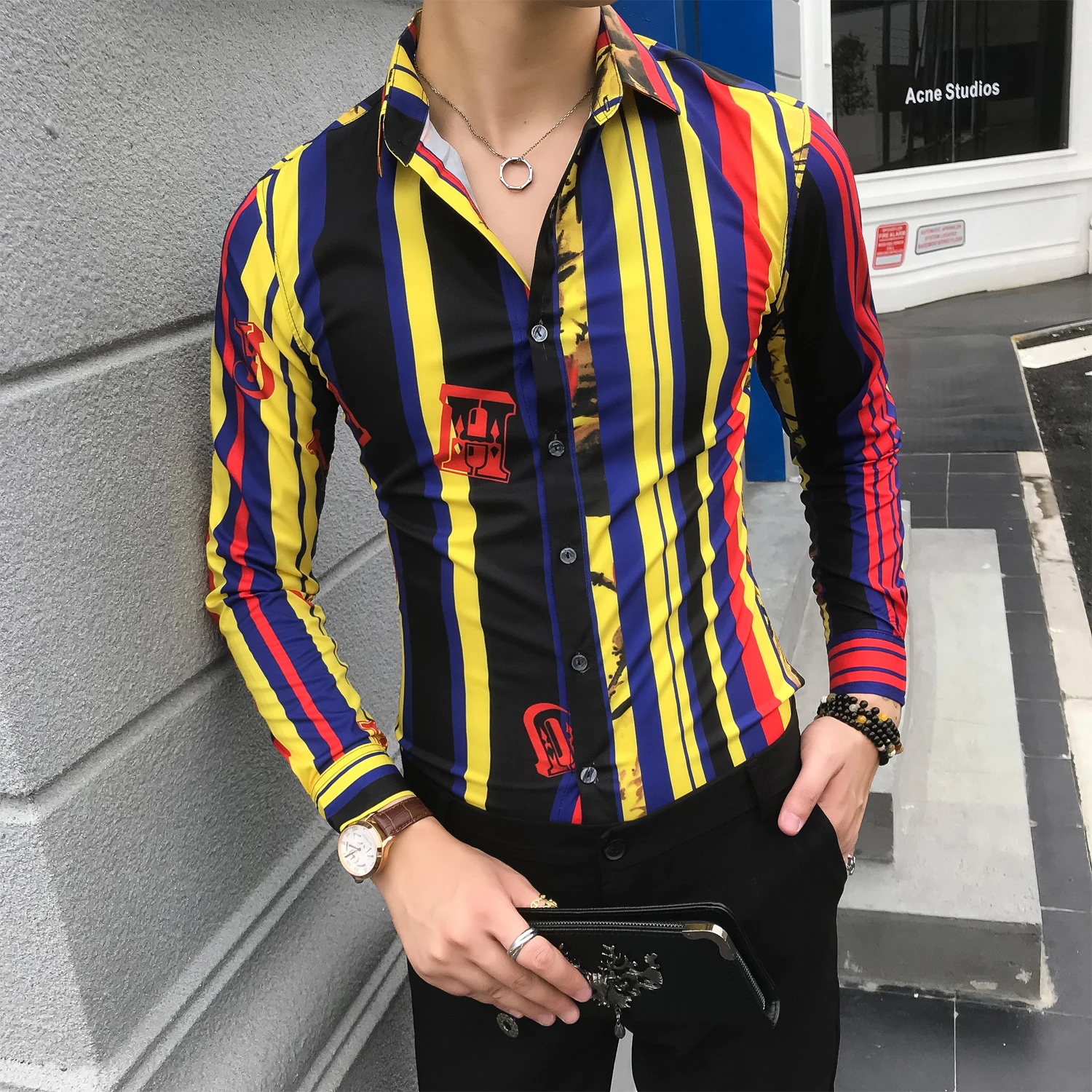 Stripes Shirts Mens Fancy Chemise Homme Floral Printed