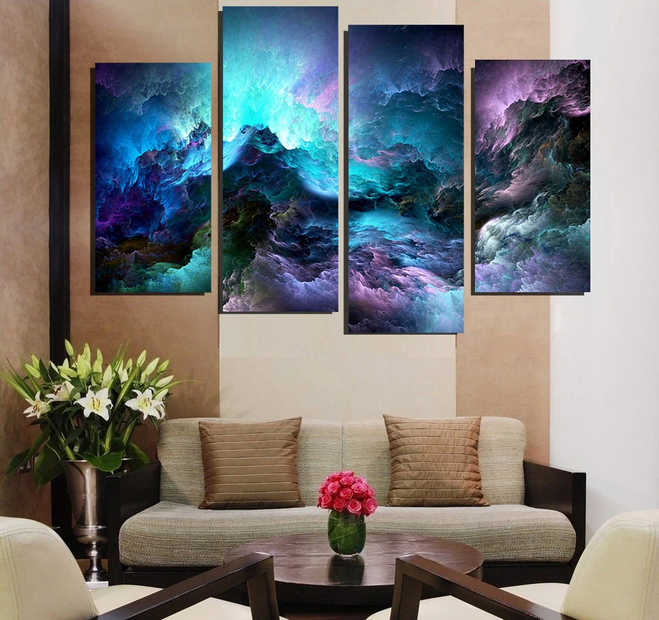 Canvas Painting 4 Piece Canvas Art Abstract Colors Blue Clouds HD