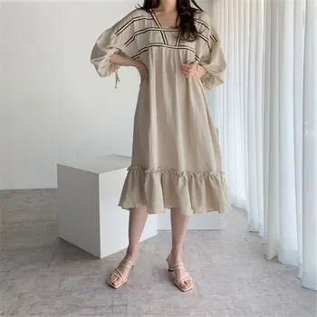 

HziriP Women Retro Loose Full Sleeve Fresh Elegant Chic 2019 Summer V-Neck Sexy Ladies Cotton Linen Long Dresses 3 Types