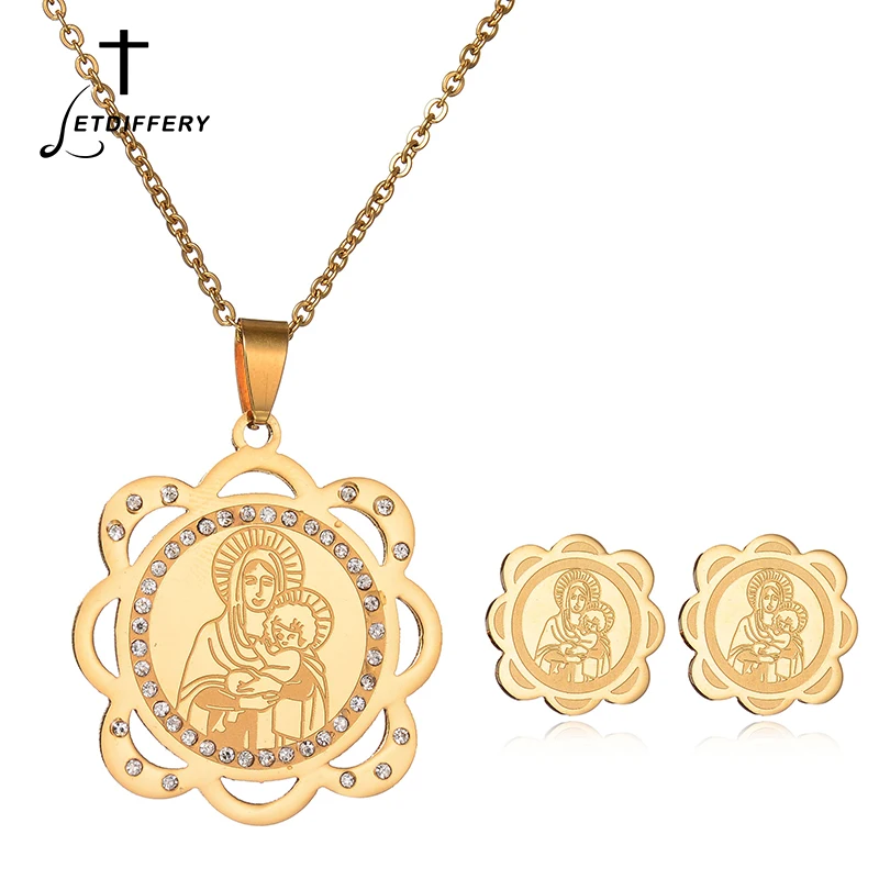 

Letdiffery Religious Necklace Earring Virgin Mary Medal Jewelry For Women Necklace Set For Christian