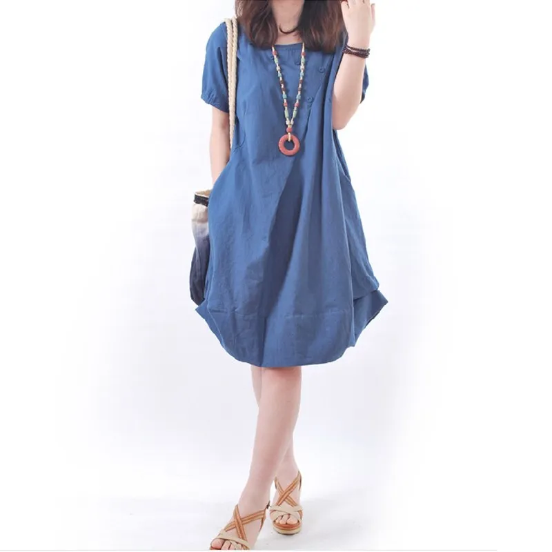ZANZEA женское хлопковое льняное платье летнее платье с коротким рукавом и карманами повседневное свободное до середины икры платье для женщин размера плюс S-5XL - Цвет: Синий