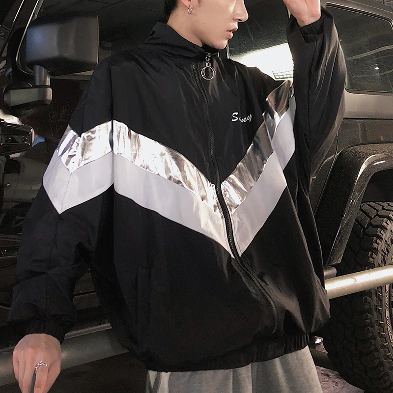 

New Arrivel Casual Striped Contrast Color Loose Men Jacket 2018 Autumn Streetwear Leisure Embroidery Letter Male Windbreaker