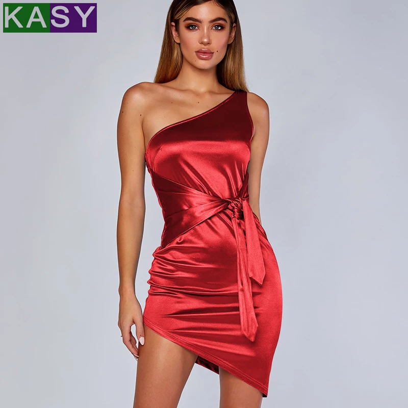 

Women Sexy Tie Front Sleeveless Red Bodycon Bandage Party Club Dress Summer 2019 Evening Outfits Asymmetric Short Satin Dress
