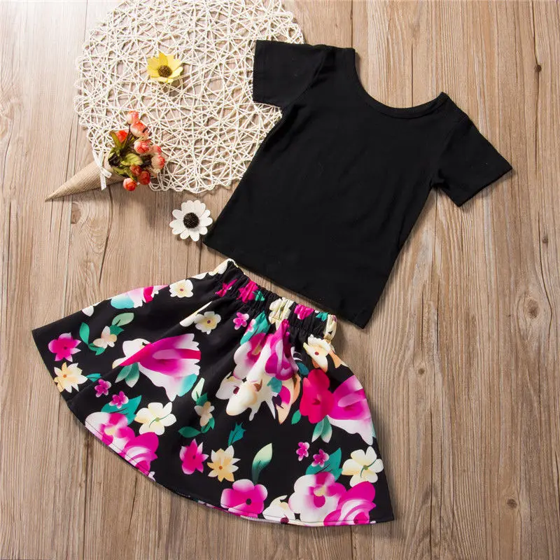 Murah Musim panas New Hot Mode Floral Bayi Anak Singkat Hitam Atas T Shirt Floral Mini Rok Tutu Outfit 2 pcs Stroller Set Kasual pakaian