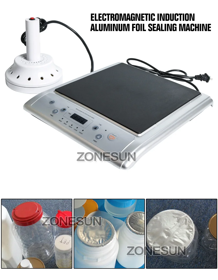 ZONESUN 220 V электромагнитный индукционный уплотнитель алюминиевый машина для склеивания фольги для пластик и стекло бутылки крышка PP, PE, PS 20-130 мм
