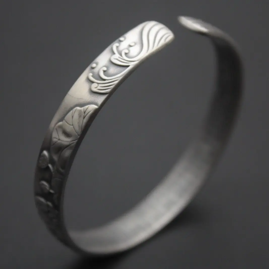 

Solid 999 Sterling Silver Open Bangle Lotus Pattern with The Heart Sutra Bangle