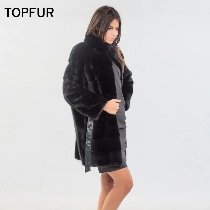 TOPFUR новинка 2019 настоящая норковая шуба женская черная средней длины с лентами