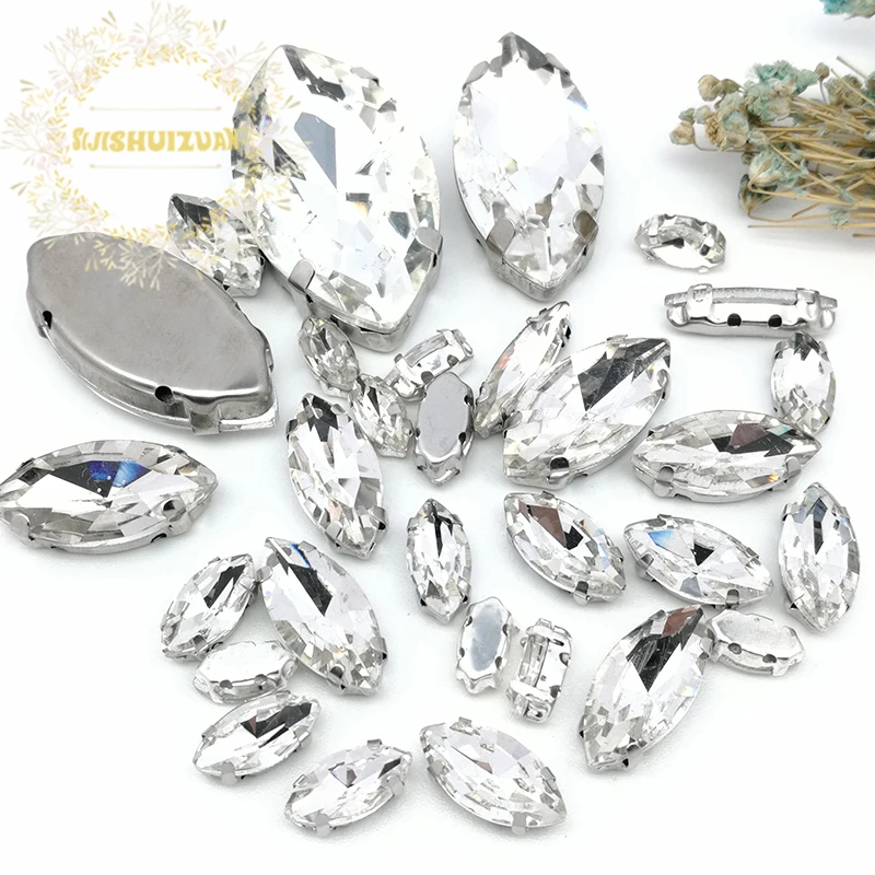 

8 SIZES 30PCS Free shipping! White Horse eye shape Glass Crystal sew on rhinestones with calw Diy wedding decoration