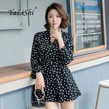 Além de Macacões Tamanho 2018 Outono Das Mulheres Ponto Preto de Manga Longa Turn down Collar Casual Playsuits Partido Elegante Senhora Do Escritório playsuit
