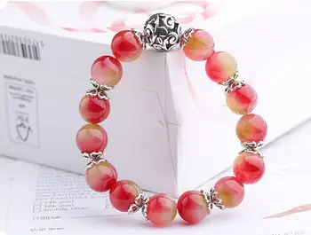 

Natural watermelon chalcedony bracelet watermelon tourmaline with hidden silver ball jewelry ladies hand string