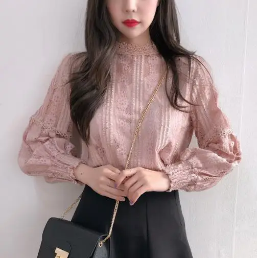 2019 Women blouse Hollow out sexy Lace Tops Ladies blusas femininas elegante Lantern sleeve Casual Crochet Lady blouse shirt
