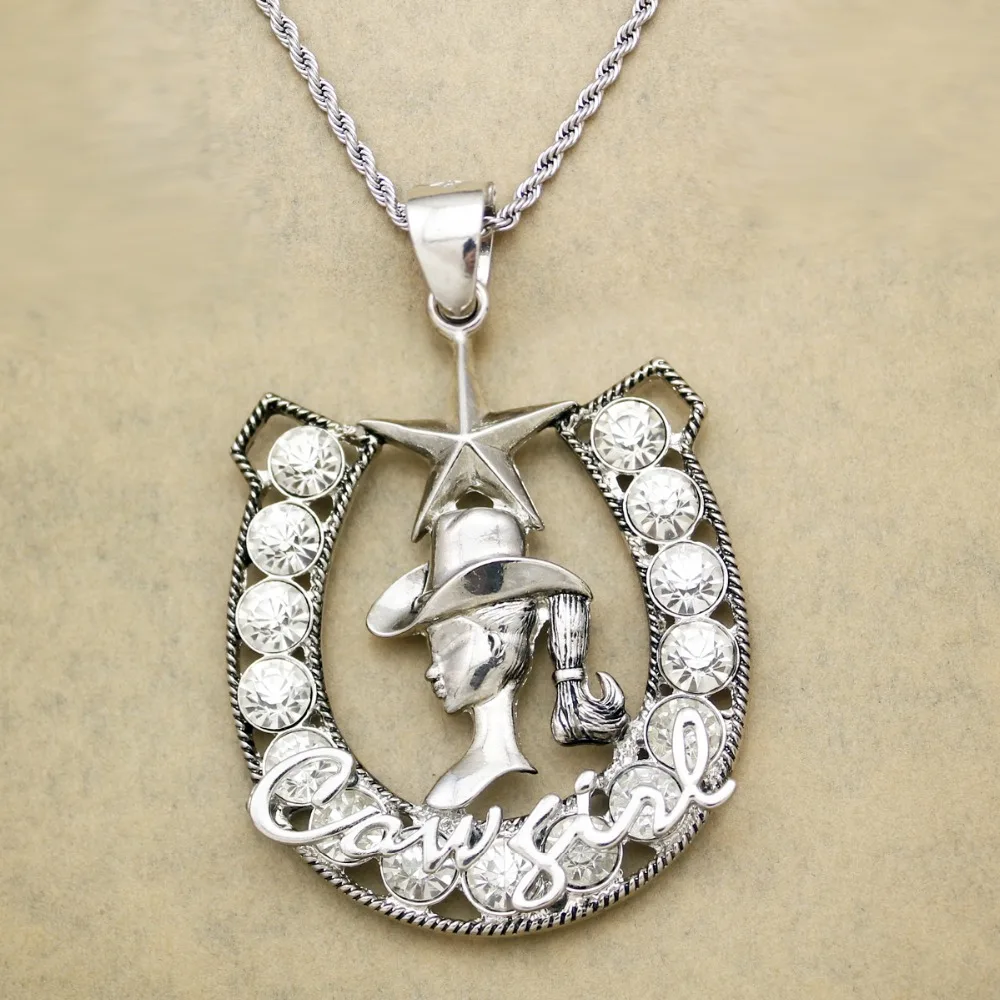 

Vintage Silver Western Cowgirl Horse Shoe Texas Ranger Star Rodeo Twisted Rope Snake Chain Big Pendant Necklace Jewelry Women