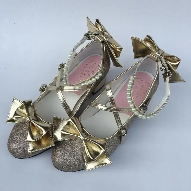 Womens-Shiny-Black-Silver-Sequin-Pumps-Bow-Strap-Cross-Pearl-Ankle-Strap-Princess-Lolita-Shoes-Custom-Tailor-Available- 7