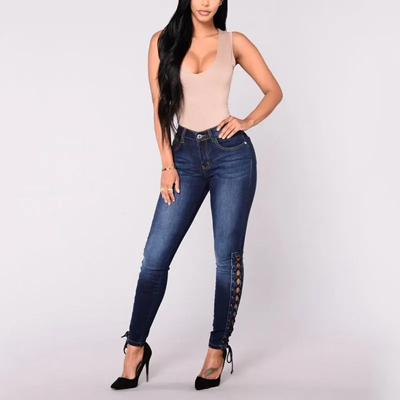 LITTHING Women Jeans Lace Up Hole Tight Ripped Autumn Womens Fashion Hollow Out Cross Strap Bandage Pencil Pants Sexy 2018 Jeans