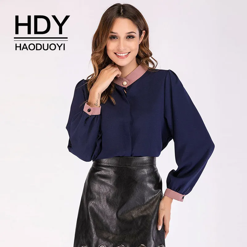 

HDY Haoduoyi Dark Blue Shirts Chiffon Patchwork Button Long Puff Sleeve Stand Collar Blouses Office ladies work wear 2019 Spring