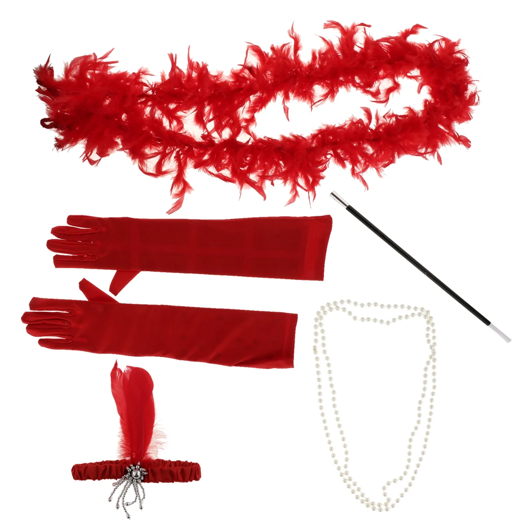 5pcs/Set 1920s Gatsby Feather Headband Necklace Gloves Cigarette Holder Boa Scarf Charleston Party Flapper Fancy Dress