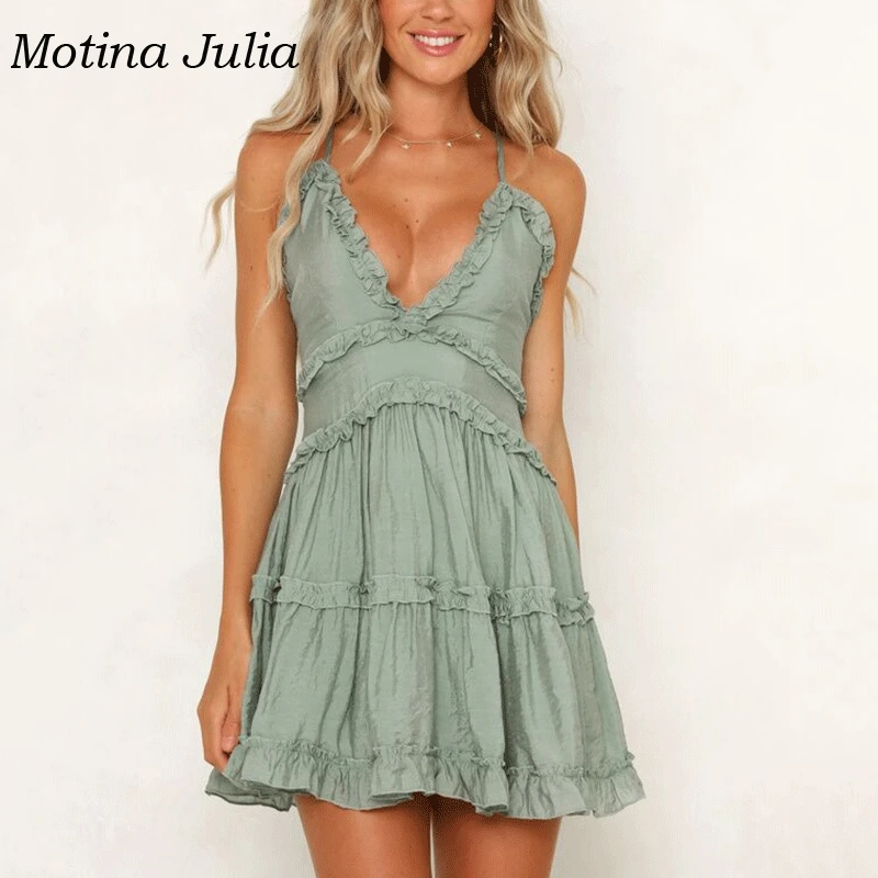 Motina Julia 2019 летнее платье с v образным вырезом сарафан Бохо пляжное Белое Мини