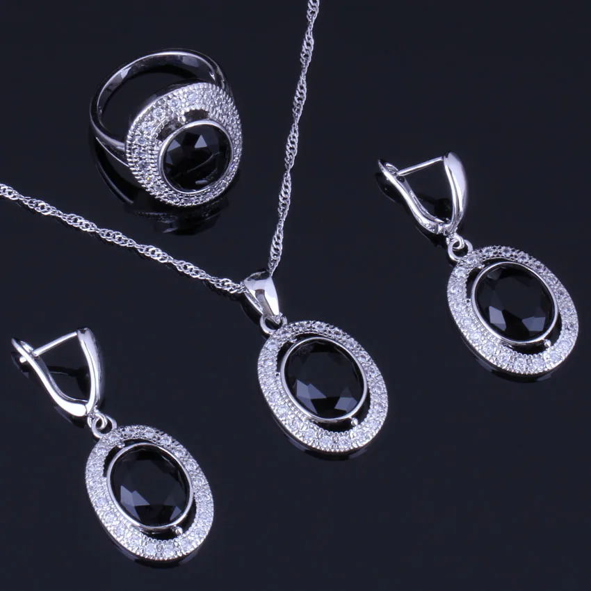 

Exclusive Oval Black Cubic Zirconia White CZ 925 Sterling Silver Jewelry Sets For Women Earrings Pendant Chain Ring V0985