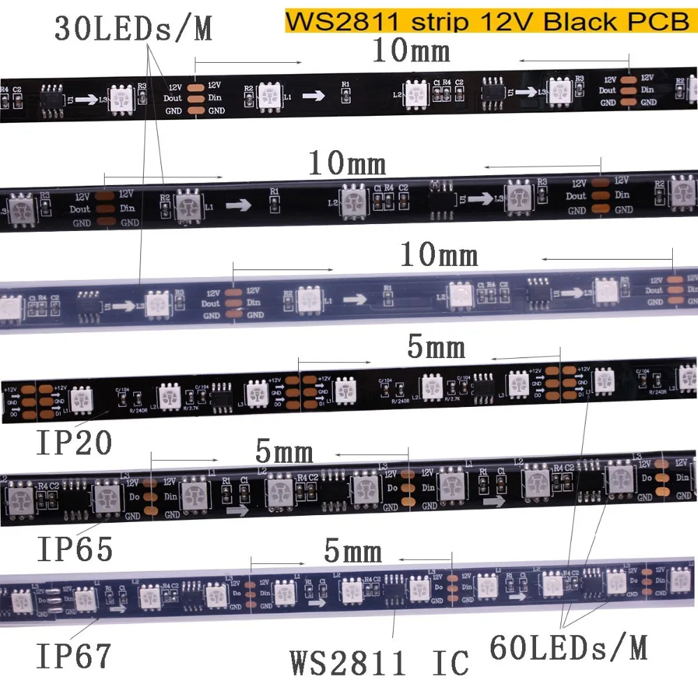 1 м/2 м/3 м/4 м/5 м WS2811S WS2812B 30/60/144 пикселей/светодиодов/м умная светодиодная Пиксельная полоса, черная/белая печатная плата, WS2812 IC, IP30/IP65/IP67 DC5V 12V