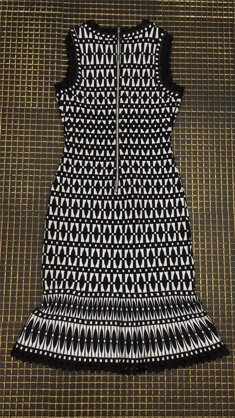 Высокое качество черный жаккардовый узор без Рукавов Линия вискоза Бандажное Платье женское вечернее платье