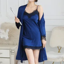 Сексуальное женское мягкое атласное шелковое Ночное платье+ халат, пижамный комплект, кимоно, ночная рубашка, нижнее белье, ночная рубашка, сорочка de nuit femme