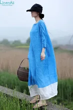 LinenAll women’s dress, summer 100% ramie, small square collar, blue and white patchwork,loose one-piece dress gown female yijiu