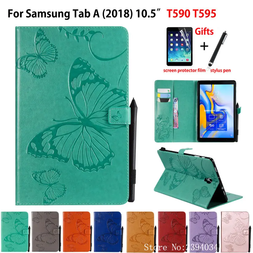 Чехол для Samsung Galaxy Tab A A2 2018 10,5 "T590 T595 T597 SM-T595 принципиально бабочка тиснением Кожа с узором основа + пленка + ручка