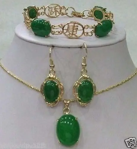 

T18 hot! green jade bracelet earring Necklace pendant sets^^^18K GP style Fine jewe Noble Natural jade FREE SHIPPING