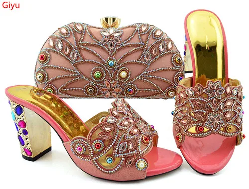 doershow Italian peach Shoes and Bag Set African Wedding Shoe and Bag set Italy Shoe and Handbag Summer Set Women!JKP1-13