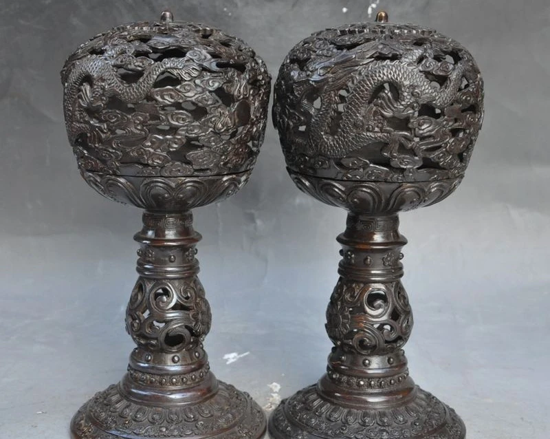 

12"old chinese palace pure bronze dragon lucky statue incense burner Censer pair