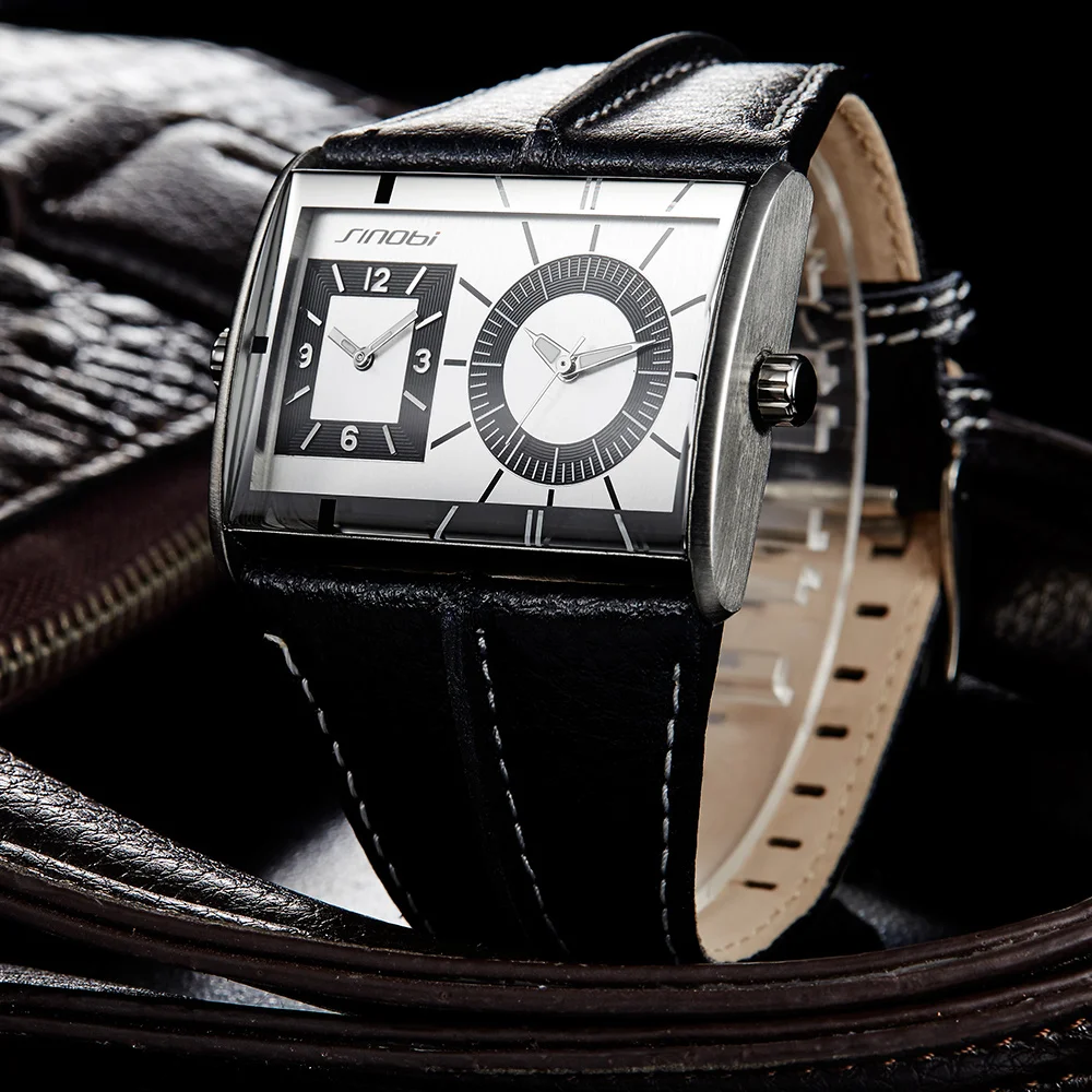 

SINOBI Double Multiple Time Zone Mens watches Geneve Fashion New Creative Men Leather Quartz Watch Clock gifts relogio masculino