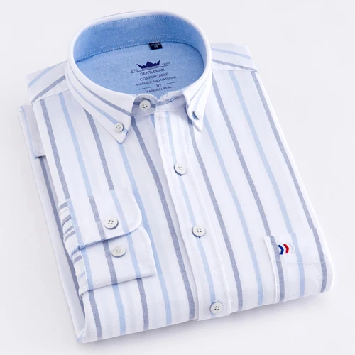 Мужская повседневная клетчатая полосатая рубашка с длинным рукавом, с одним передним нагрудным карманом, Стандартная посадка, с пуговичным воротником, хлопковая оксфордская рубашка - Цвет: 201806-30