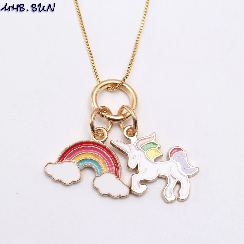 MHS.SUN Fashion Unicorn Kids Girls Long Chain Necklace Cute Rainbow Heart Conch Charming Pendants Necklace For Baby Children 1Pc - Окраска металла: B