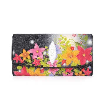 

Fancy Lady Flower Purse Genuine Thailand Stingray Skin Female Long Trifold Wallet Card Holder Exotic Leather Women's Large Purse