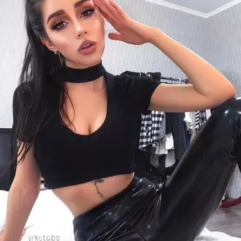 

Fashionable Women Short Sleeve T-Shirt Sexy Black Round Neck Crop Tops Slim Halter Bare Chest Sexy Vest