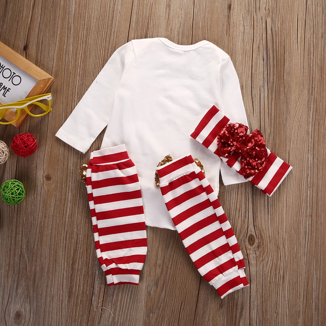 Хлопковое боди с длинными рукавами для новорожденных девочек, теплый Набор резинок для волос, повседневная одежда, Рождественский комплект из 3 предметов
