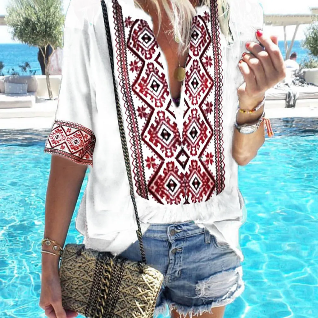 

Female Ethnic Style Boho Half Sleeve Vintage Top T-Shirt Women's Deep V Print Five-Sleeve T-Shirt Top White ropa verano mujer