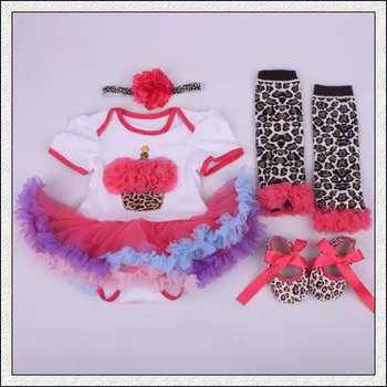 

4PCs per Set Infant Lace Romper Birthday Cake Baby Girls Leopard Tutu Dress Headband Shoes Leggings for 0-12months Free Shipping