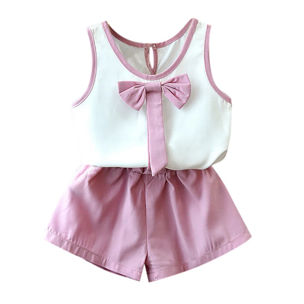 Toddler Kids Baby Girls Outfits Clothes Bowknot Vest Shirt Tops+Shorts