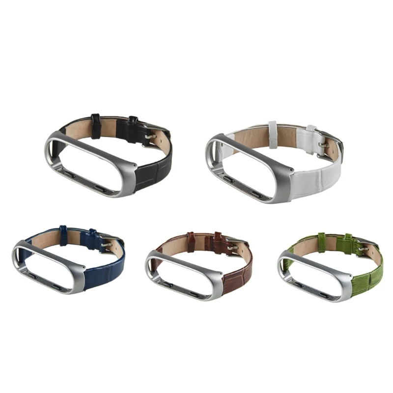

OOTDTY Replacement Leather Wrist Strap watchband With Metal Frame Case for Xiaomi Mi band 3 Smart Wearable Bracelet Accessories