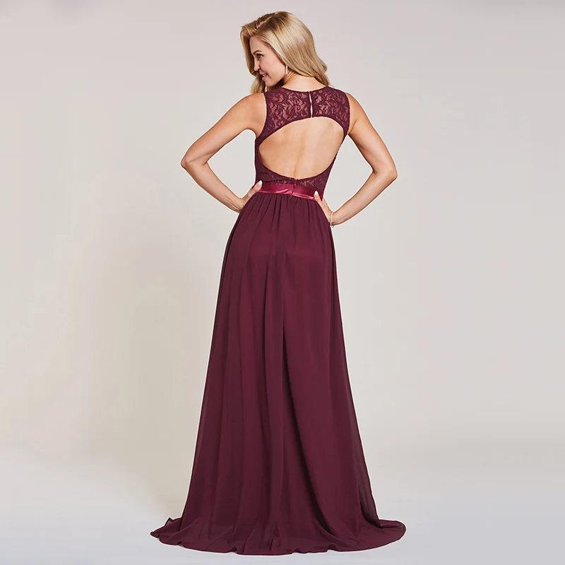 Tanpell backless evening dress rust red sleeveless lace floor length a line gown women scoop wedding party long evening dresses
