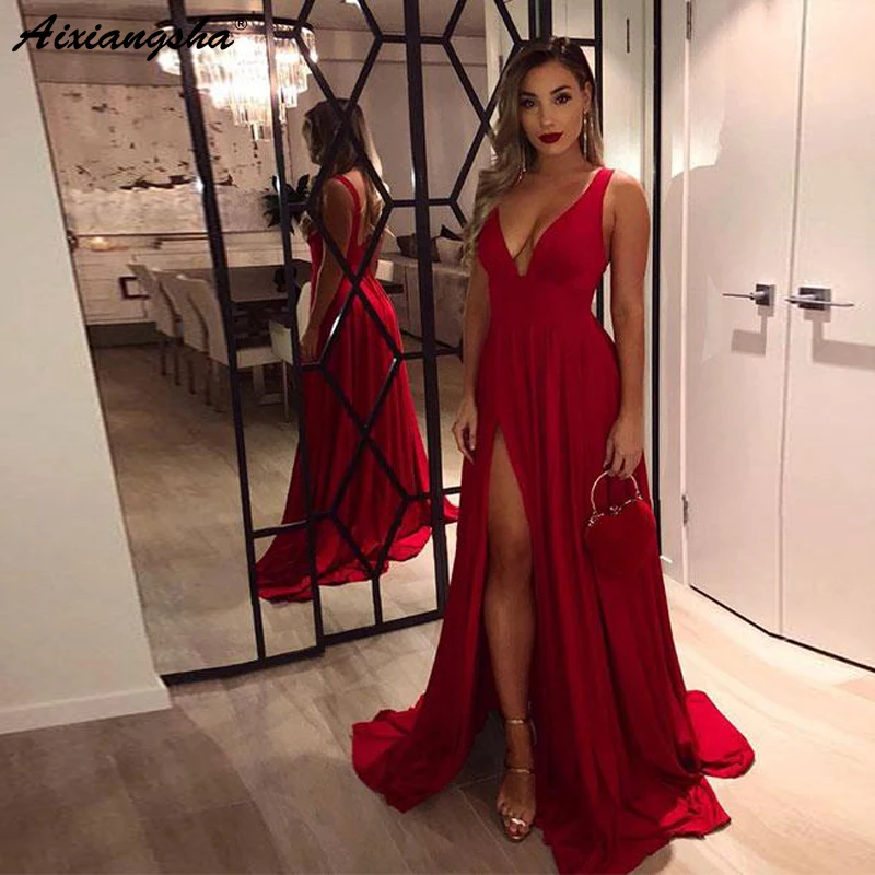 Сексуальное abiye gece elbisesi вечернее платье для женщин с v-образным вырезом и высоким Боковым Разрезом ТРАПЕЦИЕВИДНОЕ простое длинное красное платье для выпускного вечера без рукавов