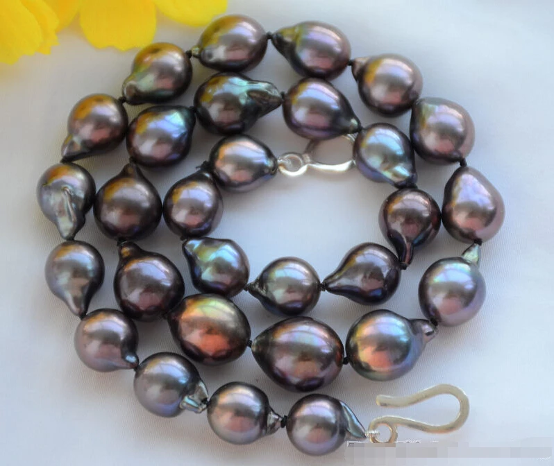 

FREE shipping> >>>z6368 lustre 13mm brown black almost round Edison fw pearl necklace 17inch 92