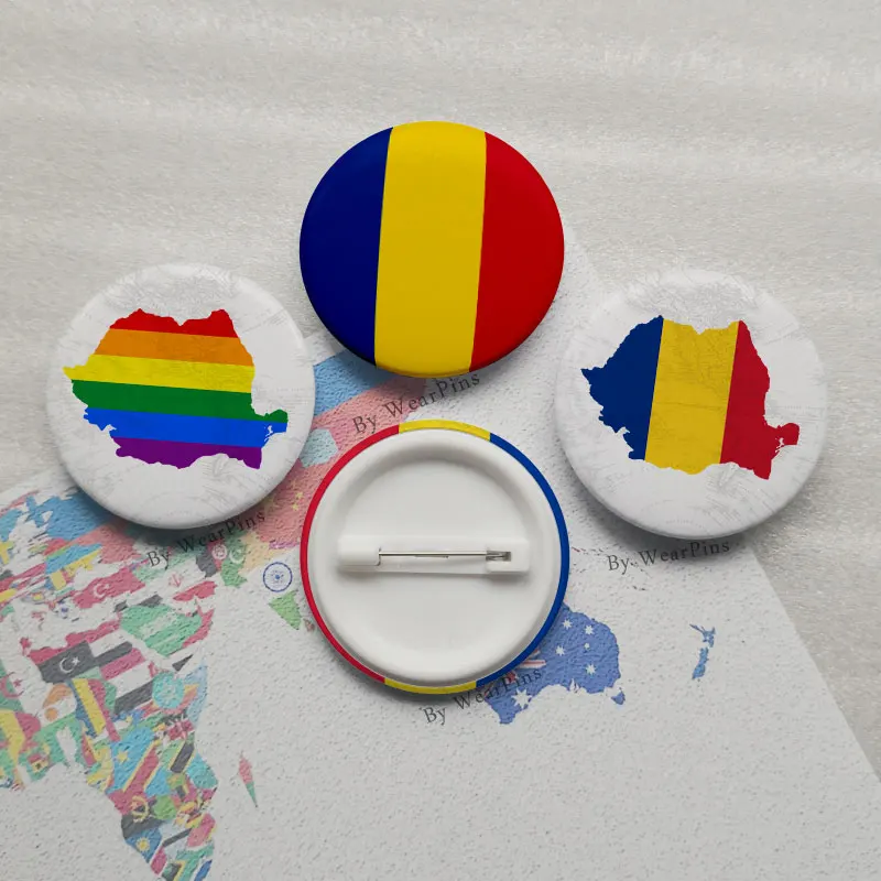 

Romania Flag Map Tin Button Pins LGBT Gay Rainbow Pride Tin Button Badges
